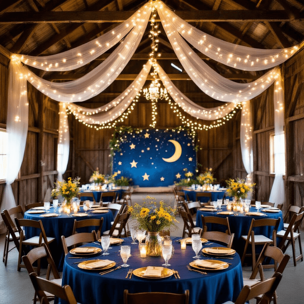 Twinkle Twinkle Little Star: The Ultimate Celestial Birthday Party Guide A whimsical Twinkle Twinkle Little Star party in a rustic barn with exposed wooden beams draped in fairy lights, midnight blue tables with gold star overlays, mason jar centerpieces, and a photo booth featuring a painted night sky backdrop.