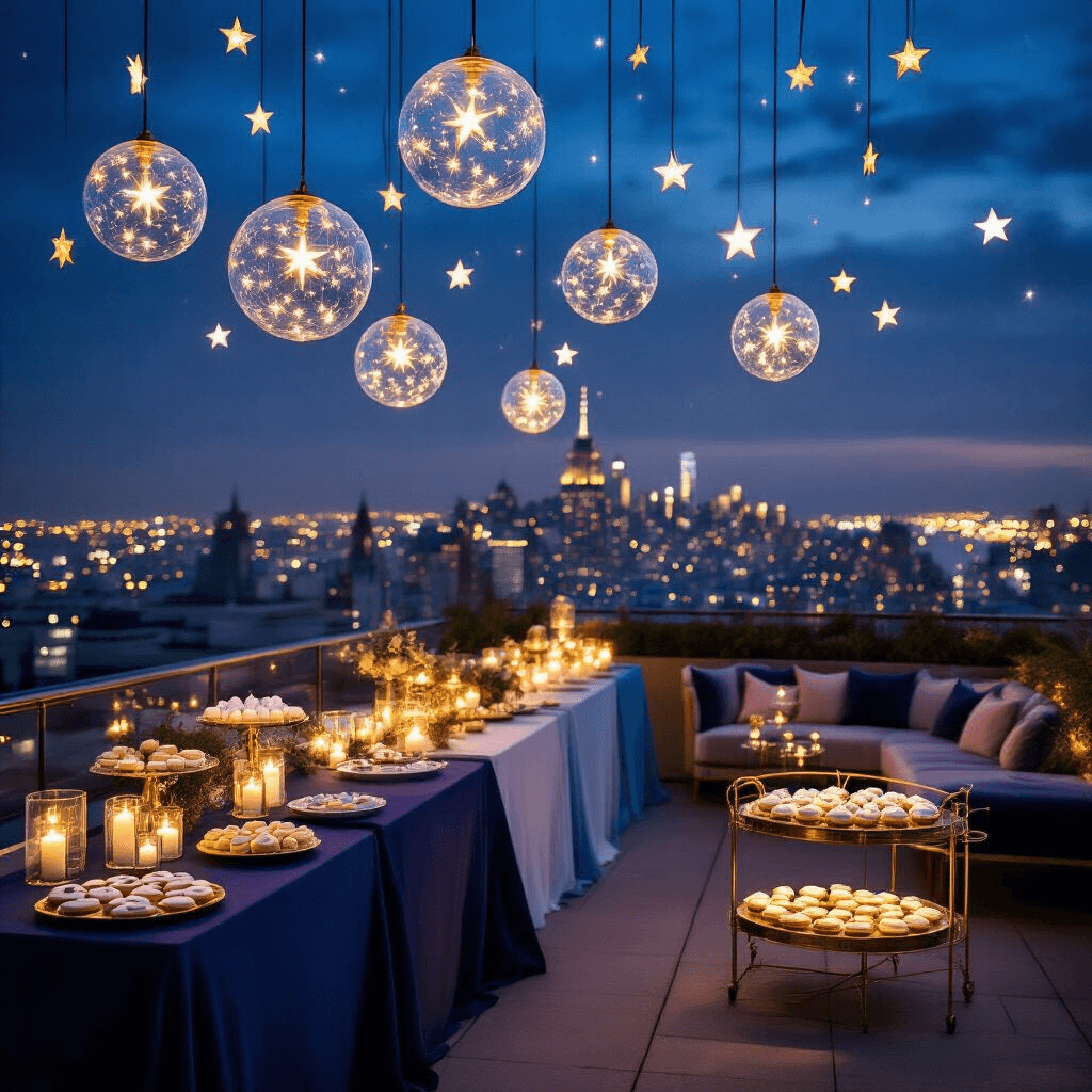 Twinkle Twinkle Little Star: The Ultimate Celestial Birthday Party Guide An elegant rooftop terrace celebration at night, featuring twinkling city lights and star-themed decor, including glass orb pendants with fairy lights, ombre table linens, gold geometric centerpieces with candles, a dessert cart with constellation cookies and star-shaped cake pops, and a cozy lounge area with velvet seating surrounding a 'wish upon a star' guestbook station.