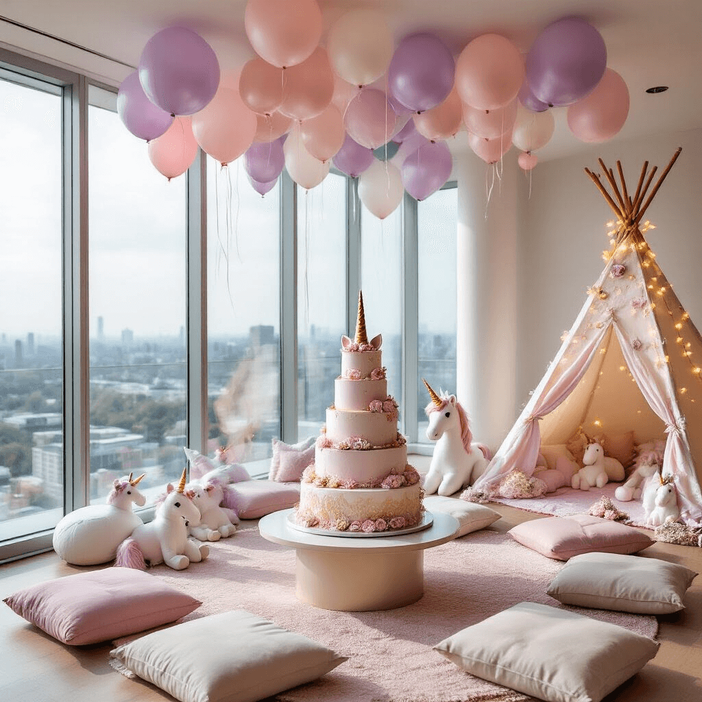 Magical Unicorn Birthday Party: A Whimsical Celebration Guide An intimate unicorn-themed celebration in a modern apartment with floor-to-ceiling windows, featuring soft pastel decor, cozy seating areas with plush cushions, a stunning tiered cake with a golden unicorn horn, floating helium balloons, and a child-sized teepee adorned with twinkling lights and unicorn plushies.