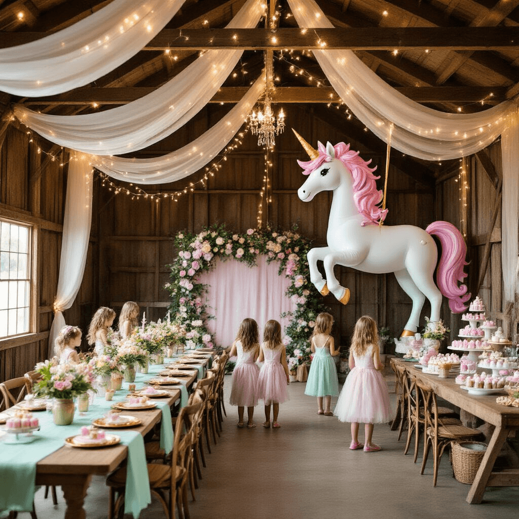 Magical Unicorn Birthday Party: A Whimsical Celebration Guide A whimsical unicorn party in a rustic barn adorned with chiffon drapes, fairy lights, mint green table runners, and wildflower centerpieces, featuring a grand balloon unicorn, a floral backdrop photo booth, children with a piñata, and a dessert table with pastel cupcakes, all illuminated by soft lantern lighting.