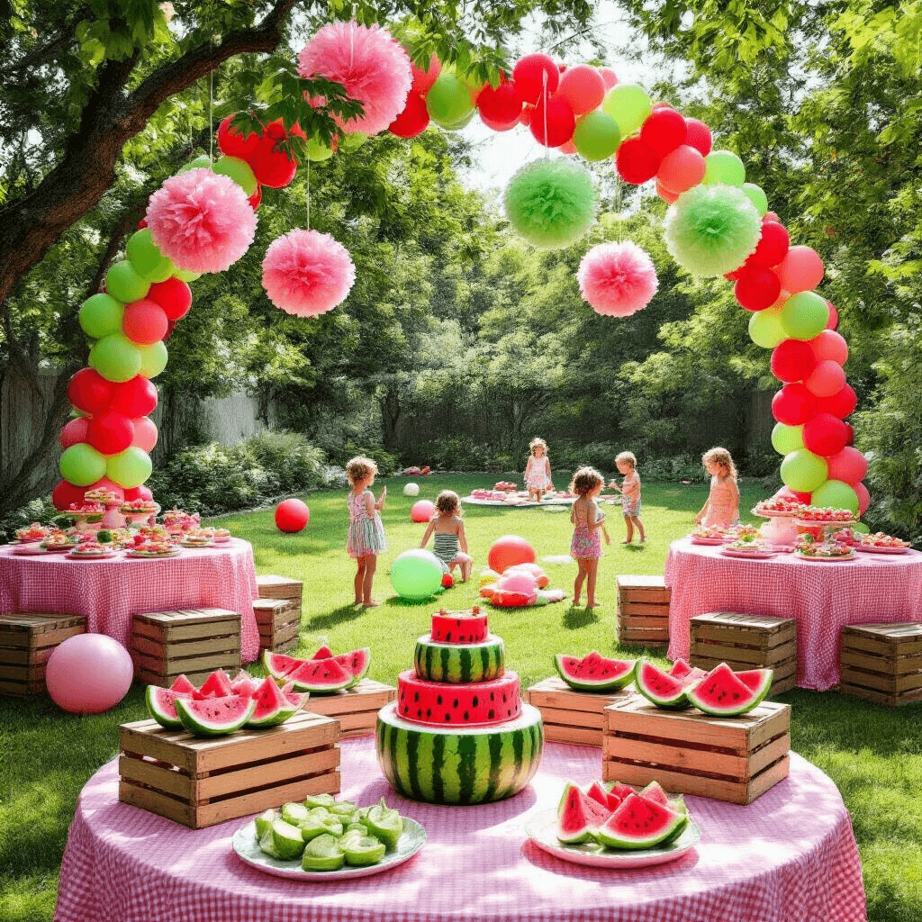 One in a Melon: Throwing the Ultimate Watermelon Birthday Bash A bright and colorful backyard setting featuring red and green balloon arches over a picnic area with pink gingham tablecloths, wooden crates filled with watermelon slices, hanging tissue paper pom-poms, a dessert table with a watermelon-shaped cake, and children playing among watermelon-shaped piñatas and oversized beach balls.