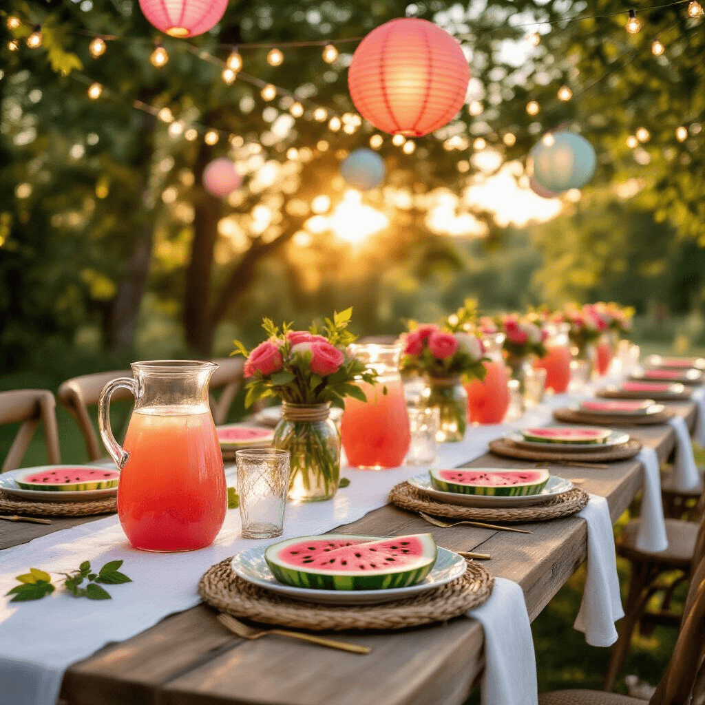 One in a Melon: Throwing the Ultimate Watermelon Birthday Bash Close-up of a tablescape at golden hour featuring a long farmhouse table with a white linen runner, watermelon-shaped paper plates, glass pitchers of pink lemonade, mason jar bouquets, twinkling fairy lights, and colorful paper lanterns.