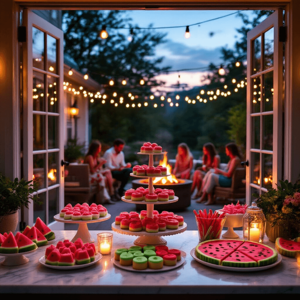 One in a Melon: Throwing the Ultimate Watermelon Birthday Bash Cinematic wide shot of an indoor-outdoor party space at twilight, featuring open French doors leading to a patio with string lights. Inside, a DIY dessert bar showcases a marble countertop with watermelon cake pops, fruit-shaped cookie cutters, and multi-tiered stands of watermelon pizza slices. Outside, guests gather around a fire pit roasting marshmallows for watermelon s'mores, with soft ambient lighting from lanterns creating a warm glow.