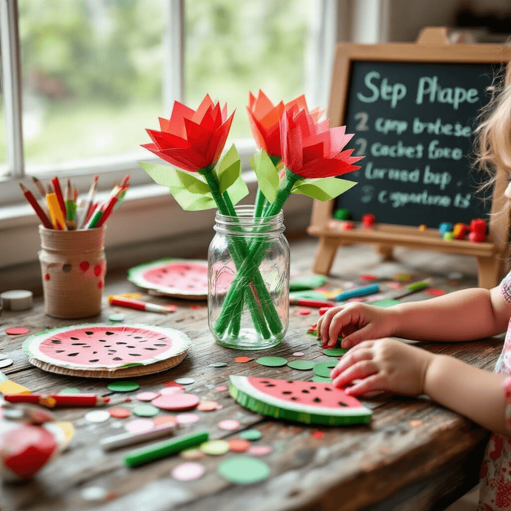 One in a Melon: Throwing the Ultimate Watermelon Birthday Bash A child's hands working on a watermelon-themed craft station with a weathered wood table scattered with red, pink, and green supplies, including paper plate watermelon fans, sparkly seed stickers, and vibrant markers. A mason jar with green pipe cleaners and tissue paper blooms sits in the center, while a chalkboard easel with playful instructions is visible nearby, illuminated by soft natural light.