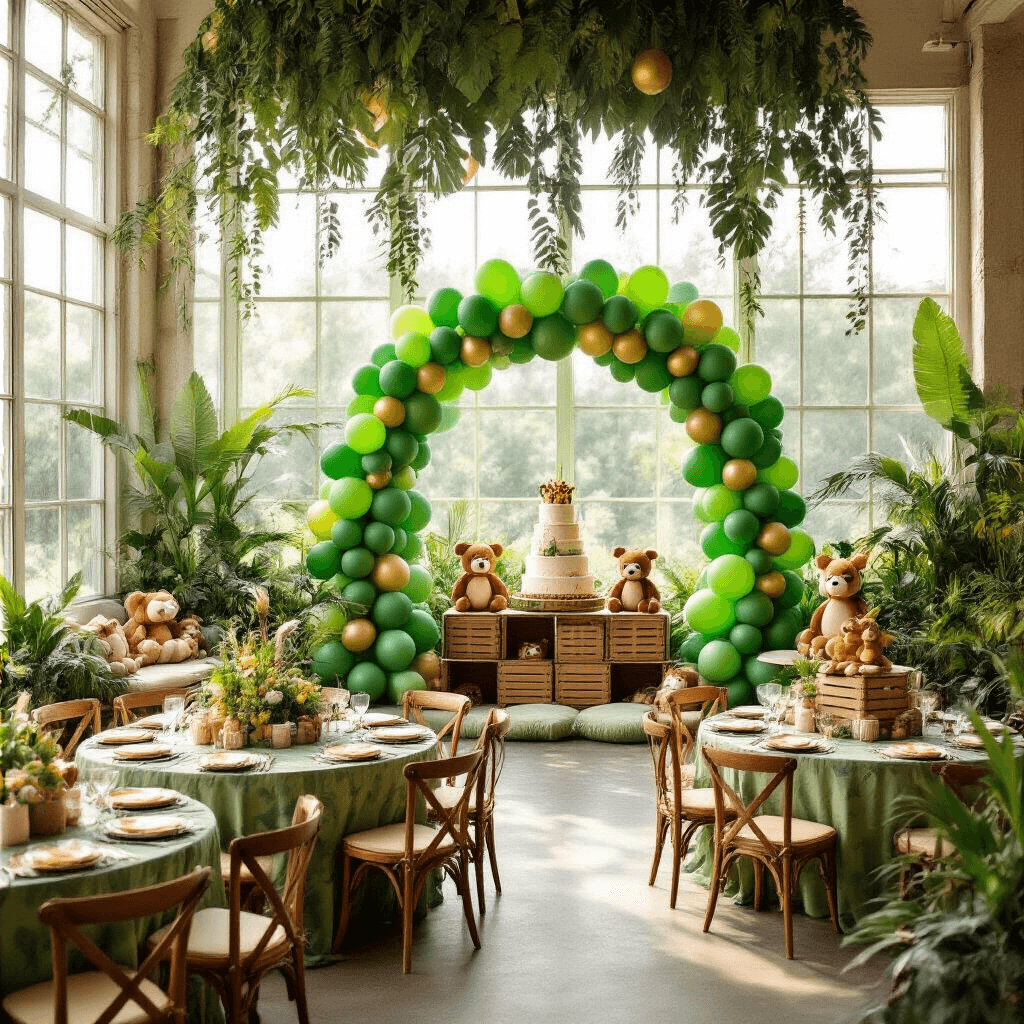Wild One Birthday Party: The Ultimate Guide to a Jungle-Themed First Birthday Celebration A whimsical jungle-themed birthday ballroom decorated with green balloons, tropical foliage, animal print table linens, a balloon arch, and a cozy reading nook, all bathed in soft morning light.