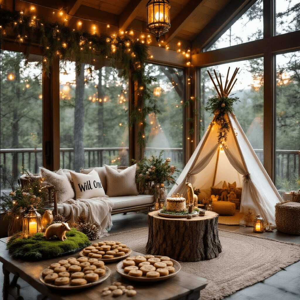 Wild One Birthday Party: The Ultimate Guide to a Jungle-Themed First Birthday Celebration An enchanted indoor-outdoor living room adorned with fairy lights and lanterns, featuring a whimsical 'Wild One' photo booth tepee, woodland-themed centerpieces, and a rustic dessert station with a tree trunk cake and themed cookies, all in a warm, cozy setting.