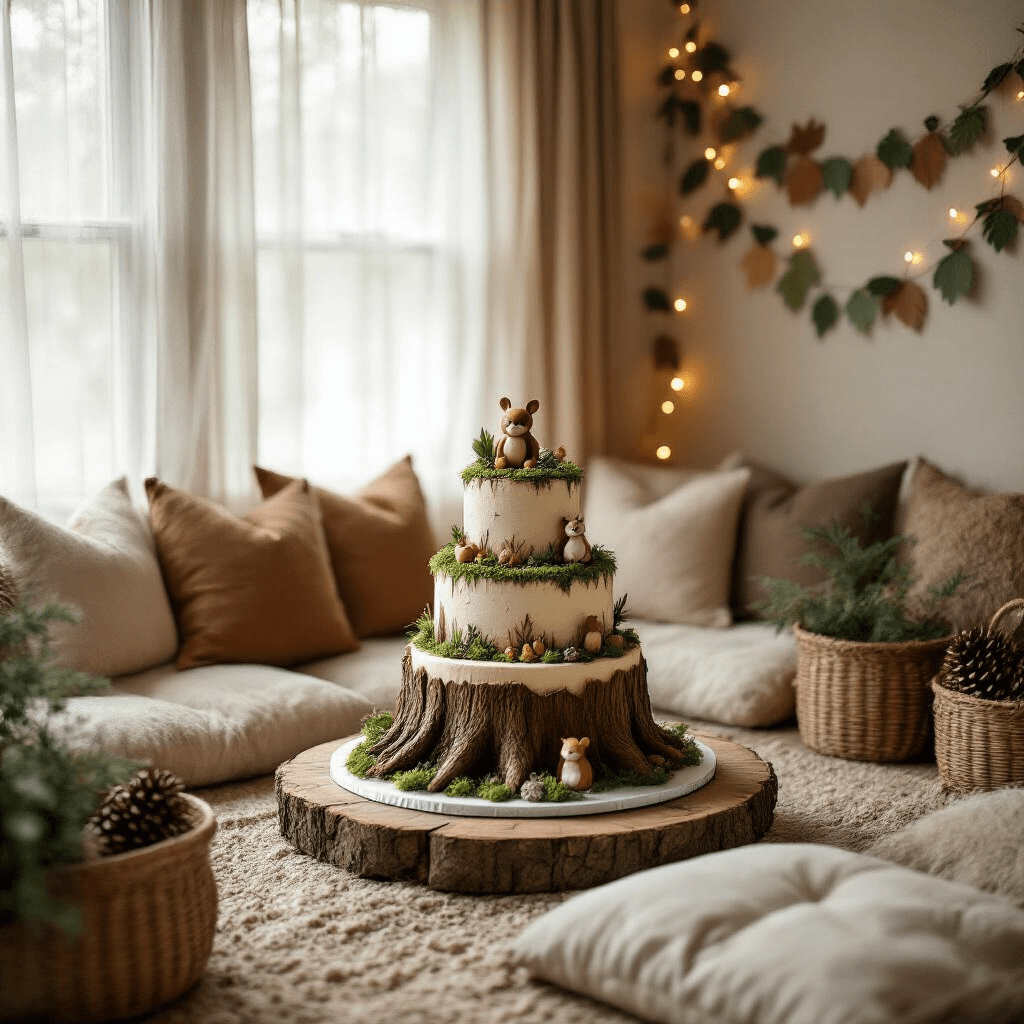 Magical Woodland Birthday Party: Creating an Enchanted Forest Celebration Close-up of a tiered birthday cake resembling a tree stump, adorned with edible moss and small woodland creatures, set on a low table surrounded by plush floor cushions in a cozy, woodland-themed living room.