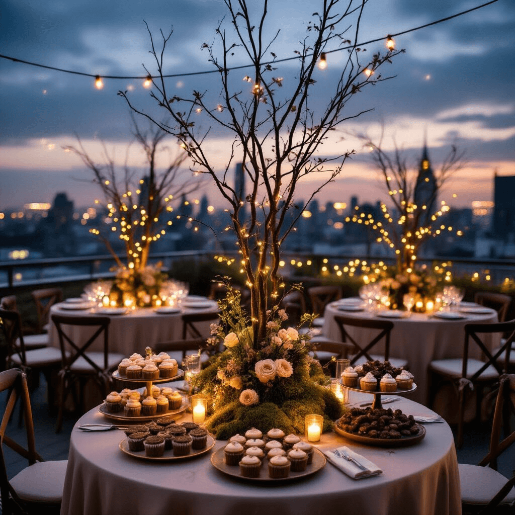 Magical Woodland Birthday Party: Creating an Enchanted Forest Celebration A luxurious rooftop terrace birthday soirée at dusk, featuring round tables with silk linens, tall branch centerpieces adorned with moss and muted forest flowers, and a dessert cart filled with themed treats, surrounded by twinkling fairy lights and city skyline in the background.