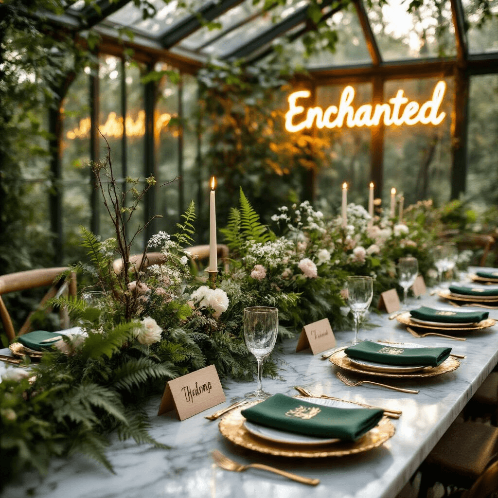 Magical Woodland Birthday Party: Creating an Enchanted Forest Celebration An elegant birthday dinner in a glass conservatory, featuring marble-topped tables with gold-rimmed plates, forest green napkins, and personalized wooden name cards. Tall centerpieces of branches, ferns, and wildflowers are illuminated by soft evening light filtering through leaves, with sheer drapery and a neon 'Enchanted' sign in the background.