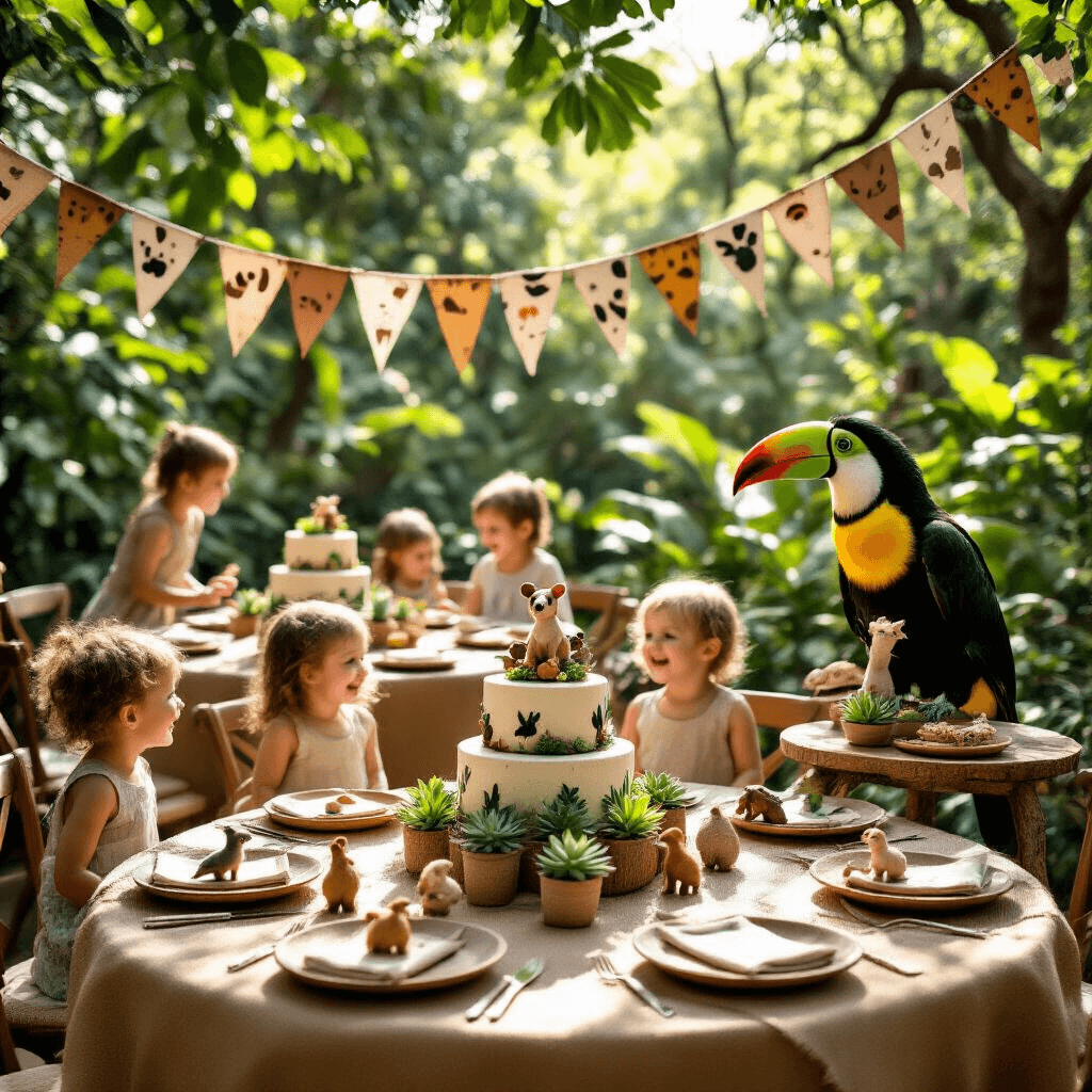 Unleash the Wild: Your Ultimate Guide to a Spectacular Zoo Birthday Party A vibrant garden party in a lush zoo setting, featuring round tables with burlap runners and ceramic plates, adorned with succulent centerpieces showcasing miniature animal figurines. Children joyfully engage with a zookeeper and a toucan, while handmade animal-print bunting hangs above and a rustic dessert cart displays a tiered jungle-themed cake.
