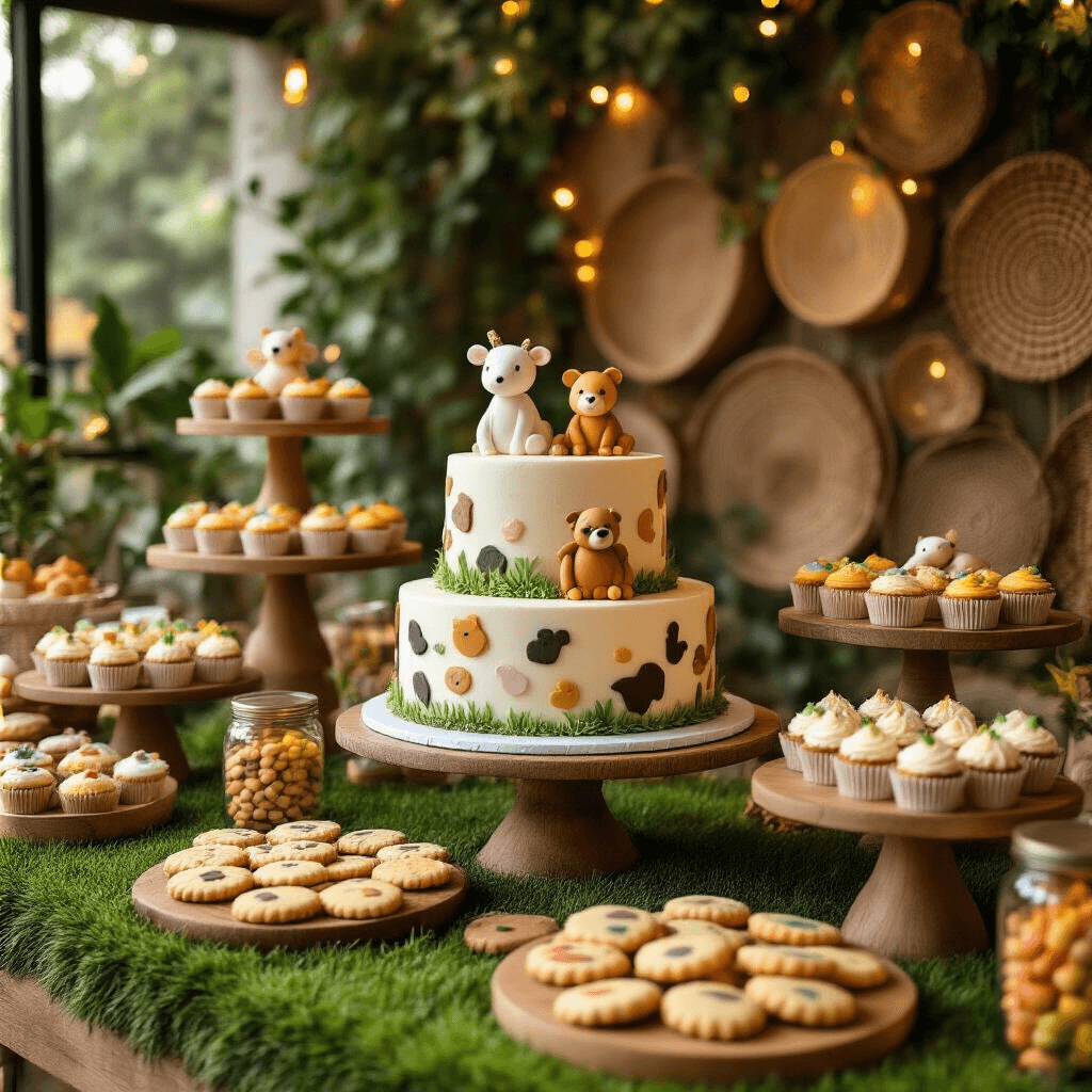 Unleash the Wild: Your Ultimate Guide to a Spectacular Zoo Birthday Party An elegant indoor zoo-themed dessert table featuring a centerpiece cake decorated with fondant animals, surrounded by animal-print cupcakes, leaf-shaped cookies, and colorful animal crackers, all under warm lighting and a textured backdrop of woven baskets and ivy.