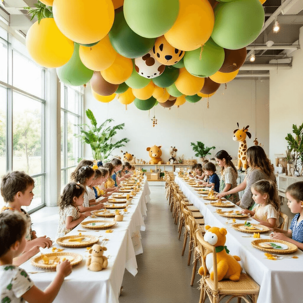 Unleash the Wild: Your Ultimate Guide to a Spectacular Zoo Birthday Party A whimsical zoo-themed birthday celebration featuring long tables with white linens, yellow and green accents, bamboo plates, and gold flatware. Above, oversized balloons in green, brown, and animal prints form a playful canopy. In the foreground, children gather around a petting zoo area with plush animals available for adoption as party favors.