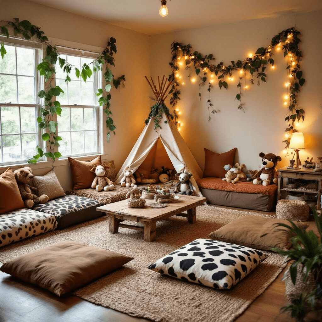 Unleash the Wild: Your Ultimate Guide to a Spectacular Zoo Birthday Party A cozy living room transformed into a safari-themed party with low tables and floor cushions in earth tones, a teepee decorated with fairy lights, DIY paper leaves, and a craft station for making animal masks, all under soft, warm lighting.