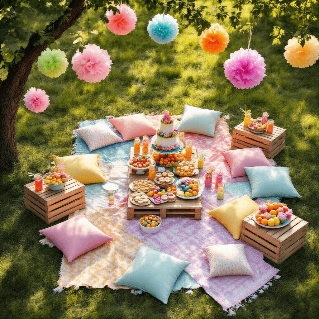 Ultimate Trolls Birthday Party Guide: Unleash Rainbow Magic and Whimsical Fun! An overhead view of a vibrant Trolls-inspired picnic party during golden hour, featuring colorful picnic blankets, low tables, and cozy seating areas surrounded by flower crowns and pastel throw pillows. A central buffet table displays rainbow fruits, themed sandwiches, and cupcakes, while trees are adorned with tissue paper pom-poms and character piñatas.