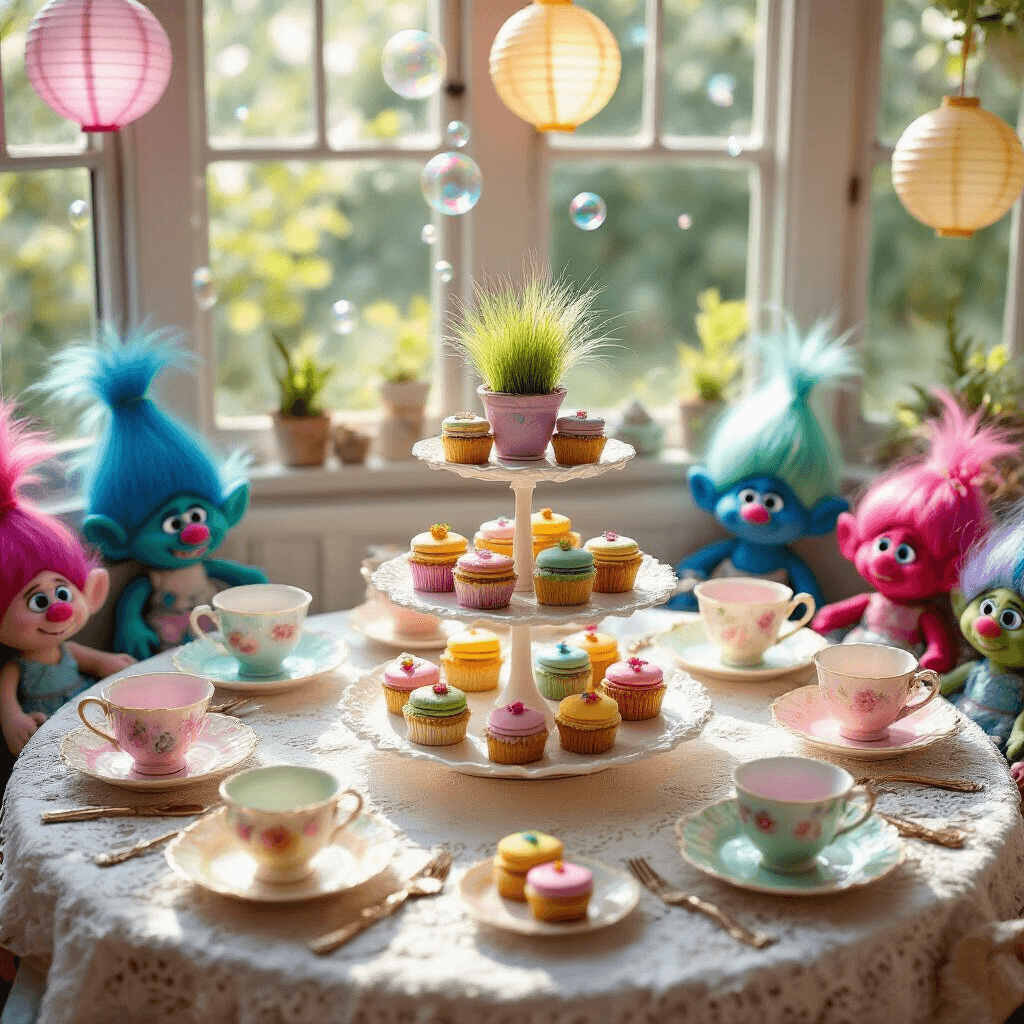 Ultimate Trolls Birthday Party Guide: Unleash Rainbow Magic and Whimsical Fun! A whimsical Trolls tea party in a sunroom illuminated by morning light, featuring a lace-covered table with mismatched pastel teacups, tiny flower pots with colorful 'hair', a tiered cake stand of rainbow macarons and cupcakes, and flower-shaped finger sandwiches, all surrounded by stuffed Trolls and decorated with paper lanterns and bubbles.