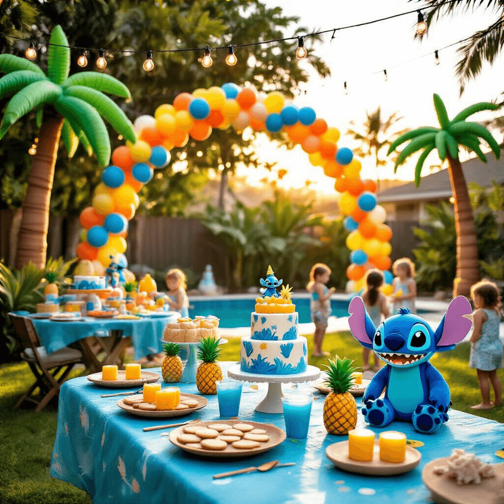 Stitch Birthday Party: A Tropical Celebration of Disney Magic A lively Hawaiian-themed birthday party for Stitch, set in a lush backyard at golden hour. The scene features a colorful balloon arch, decorated tables with ocean blue linens, pineapple centerpieces, and Stitch plushies, with strings of fairy lights overhead. A dessert table displays a tiered Stitch cake, blue punch, and coconut cookies, while children enjoy a 'Punch-a-Pineapple' game in the background.