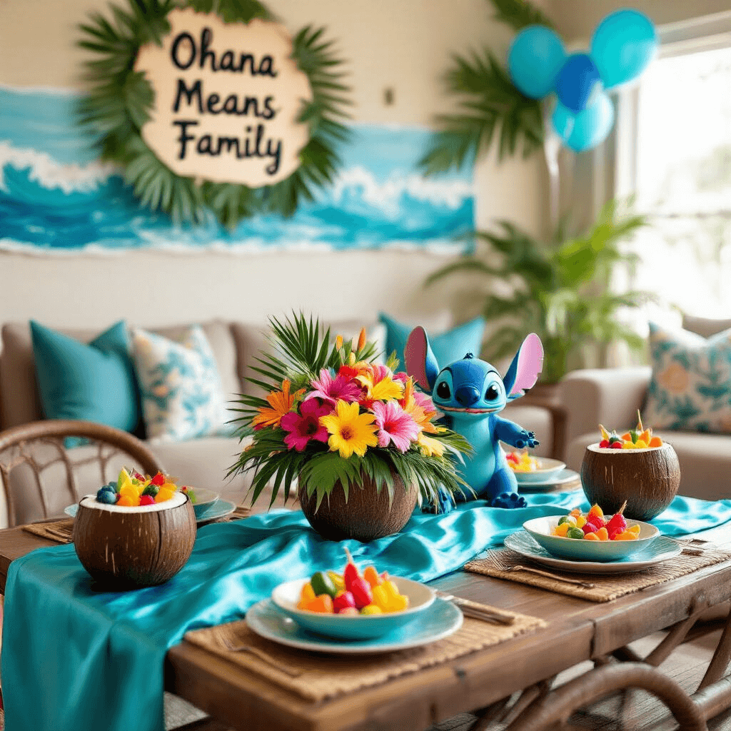 Stitch Birthday Party: A Tropical Celebration of Disney Magic An intimate Stitch-themed birthday celebration in a cozy living room, featuring a turquoise silk-draped coffee table with a centerpiece of tropical flowers and a Stitch figurine, surrounded by personalized coconut cups filled with fruit skewers, and a handmade 'Ohana Means Family' sign overhead, framed by paper palm leaves and blue balloons, with ocean wave decorations in the background.
