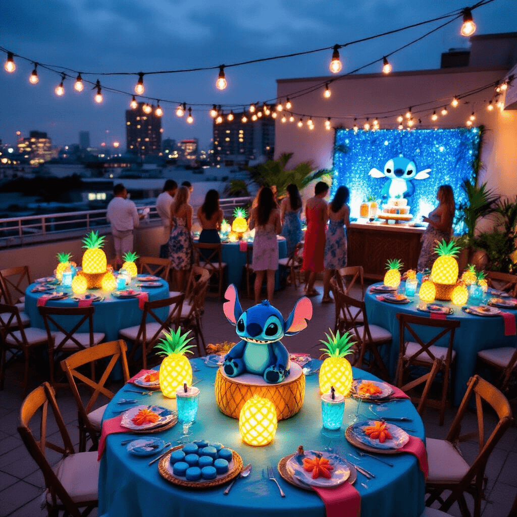 Stitch Birthday Party: A Tropical Celebration of Disney Magic A vibrant rooftop terrace transformed into a magical Stitch birthday party, featuring ocean blue and coral themed tables, LED-lit pineapples as centerpieces, a sequined photo backdrop with tropical props, a sculpted Stitch cake, and a tiki bar serving blue punch, all under string lights against a city skyline.