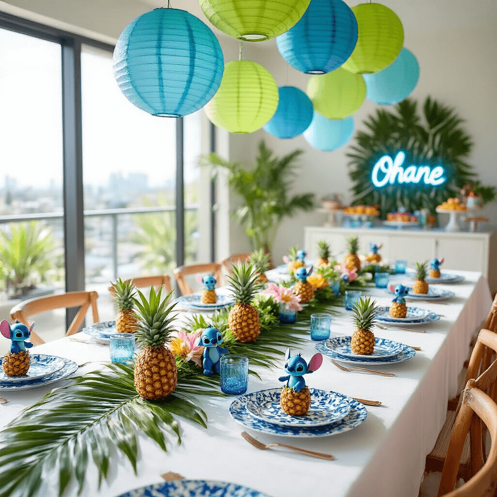Stitch Birthday Party: A Tropical Celebration of Disney Magic A bright and whimsical Stitch-themed birthday brunch in a modern apartment, featuring a long table with a white tablecloth, palm leaf runner, blue and white patterned plates adorned with mini pineapples, and a lush centerpiece of tropical flowers and Stitch figurines. Above, blue and green paper lanterns hang, creating a cozy ambiance, while a mimosa bar with a glowing neon 'Ohana' sign is seen in the background.