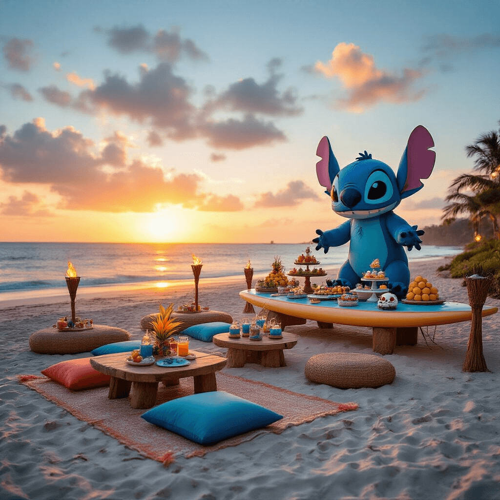 Stitch Birthday Party: A Tropical Celebration of Disney Magic An elaborate Stitch-themed birthday celebration on the beach at sunset, featuring low tables with blue and coral cushions, centerpiece decorations of driftwood, sea glass, and Stitch plushies, illuminated by tiki torches and lanterns. A grand surfboard-shaped dessert station displays tropical fruit tarts, blue ombre cupcakes, and coconut macaroons, alongside a giant Stitch balloon sculpture silhouetted against a golden sky and ocean waves.