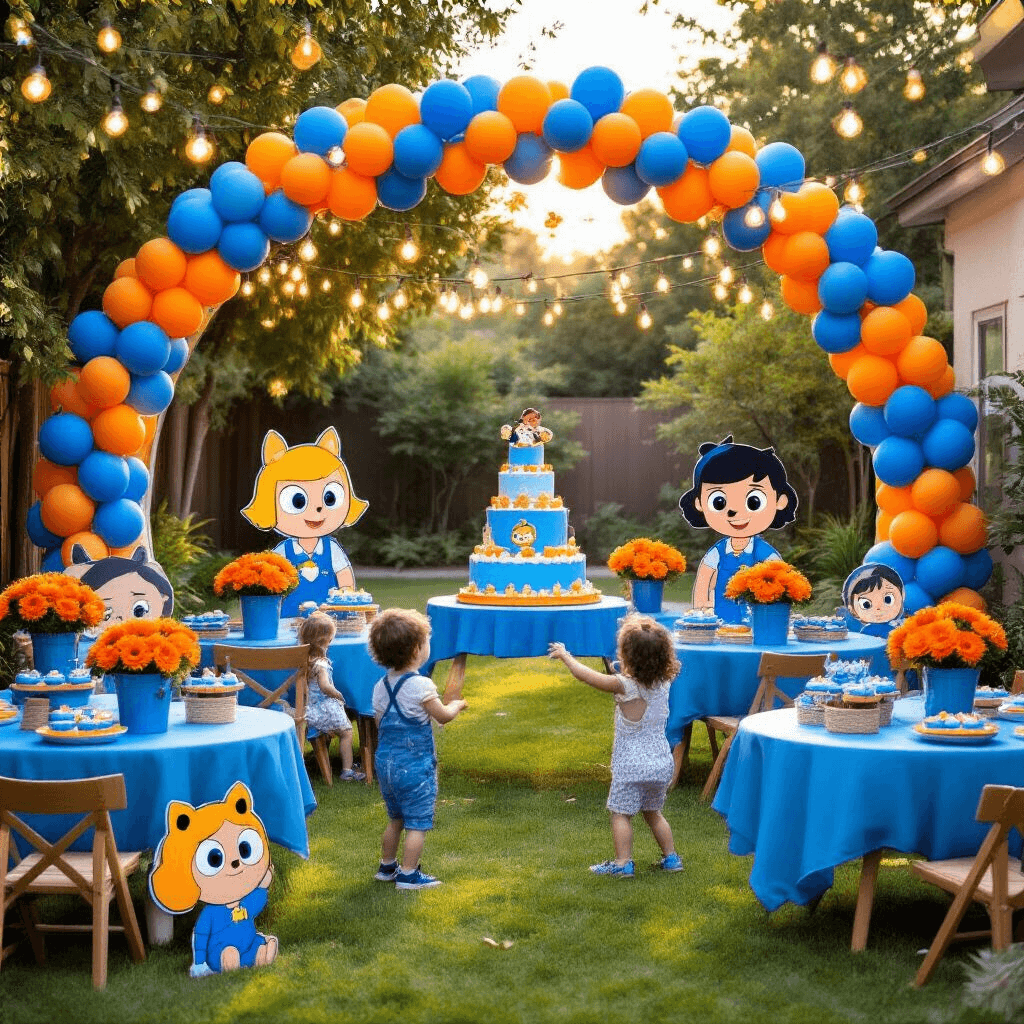 Ultimate Bluey Birthday Party Guide: Creating Magical Memories for Kids A vibrant Bluey-themed backyard party with a blue and orange balloon arch, character cutouts, round tables with blue tablecloths and orange gerbera centerpieces, a dessert table featuring a three-tiered Bluey cake and cupcakes, and children in Bluey outfits playing keepy-uppy with soft balloons under fairy lights.