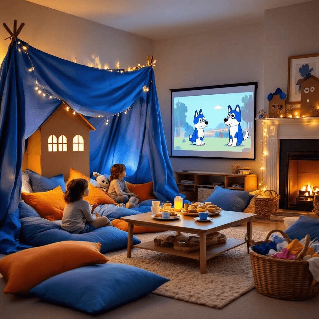 Ultimate Bluey Birthday Party Guide: Creating Magical Memories for Kids A cozy living room with a fort made of blue sheets and fairy lights, featuring a projector screen displaying Bluey episodes. Children cuddle on blue and orange pillows, while a coffee table holds a whimsical 'Grannies' tea set and biscuits. Handmade Bluey character puppets hang from the mantelpiece, and a basket of dress-up items is nearby.