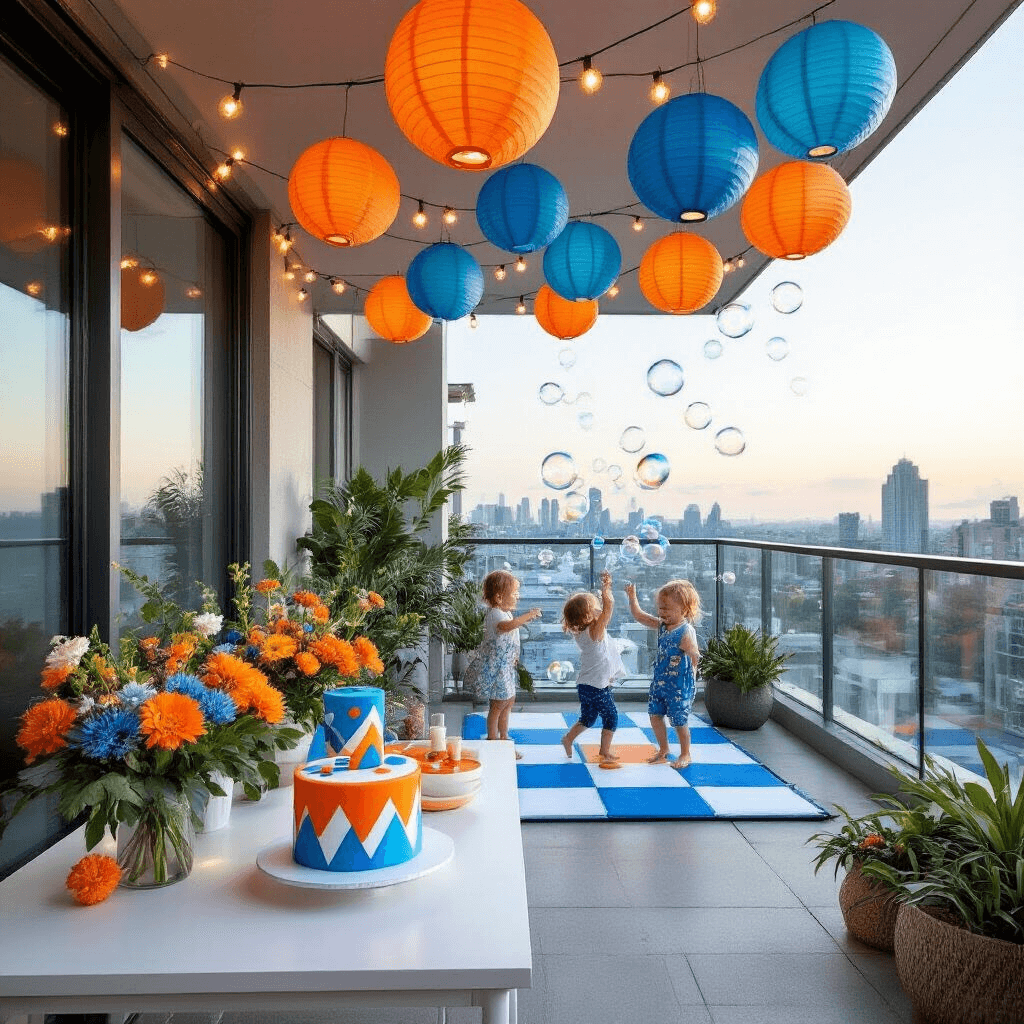 Ultimate Bluey Birthday Party Guide: Creating Magical Memories for Kids A chic modern apartment balcony decorated for a Bluey celebration, featuring string lights and paper lanterns in blue and orange. A sleek white table holds a geometric Bluey-themed cake with native Australian flower arrangements. Floor-to-ceiling windows reflect the city skyline, while toddlers laugh and dance on a portable dance floor, following Bluey’s moves displayed on a tablet. A bubble machine fills the air with shimmering bubbles in the late afternoon light.