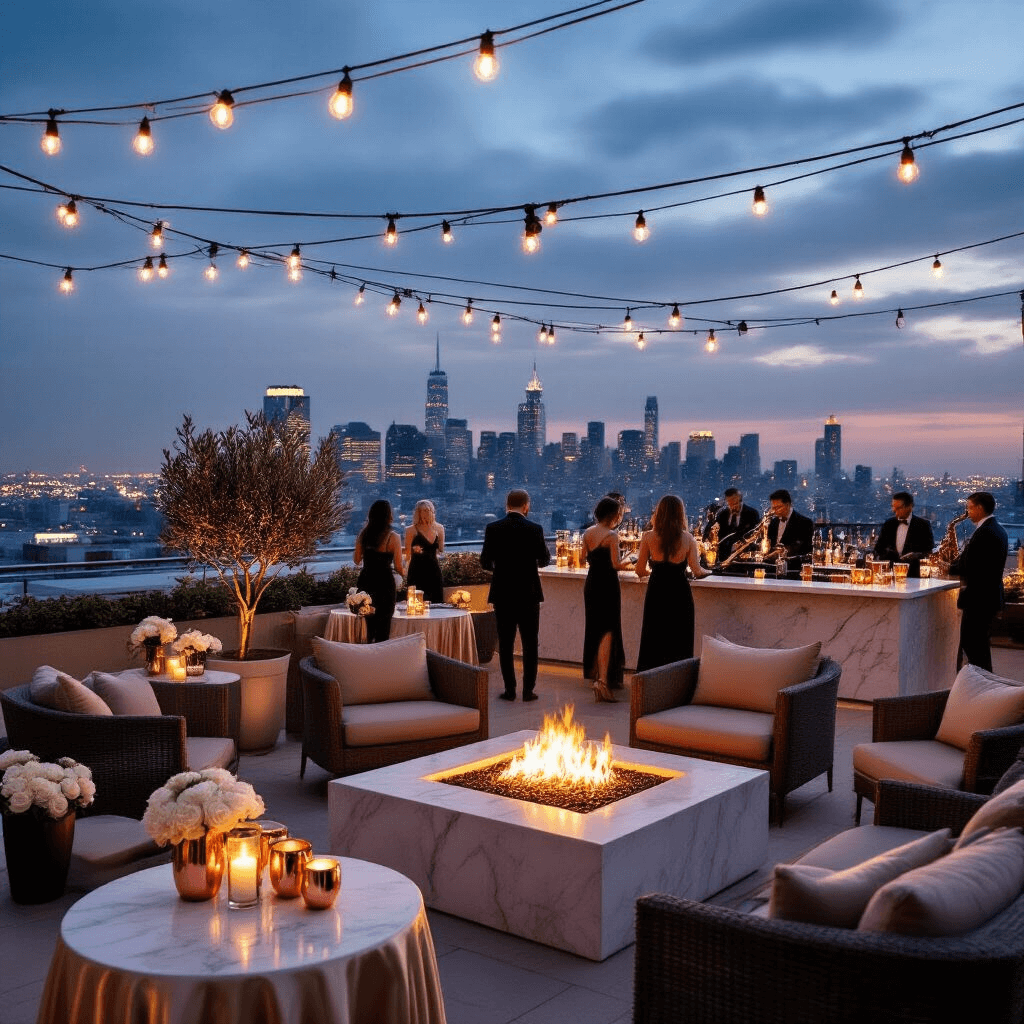 Epic Birthday Party Venues: The Ultimate Guide to Unforgettable Celebrations An elegant rooftop terrace birthday soirée at twilight with sleek lounge furniture around a fire pit, city skyline in the background, cocktail tables with champagne linens and floating candles, a marble bar with copper mug drinks, string lights overhead, potted olive trees and white roses, and guests in cocktail attire mingling while a jazz trio performs.