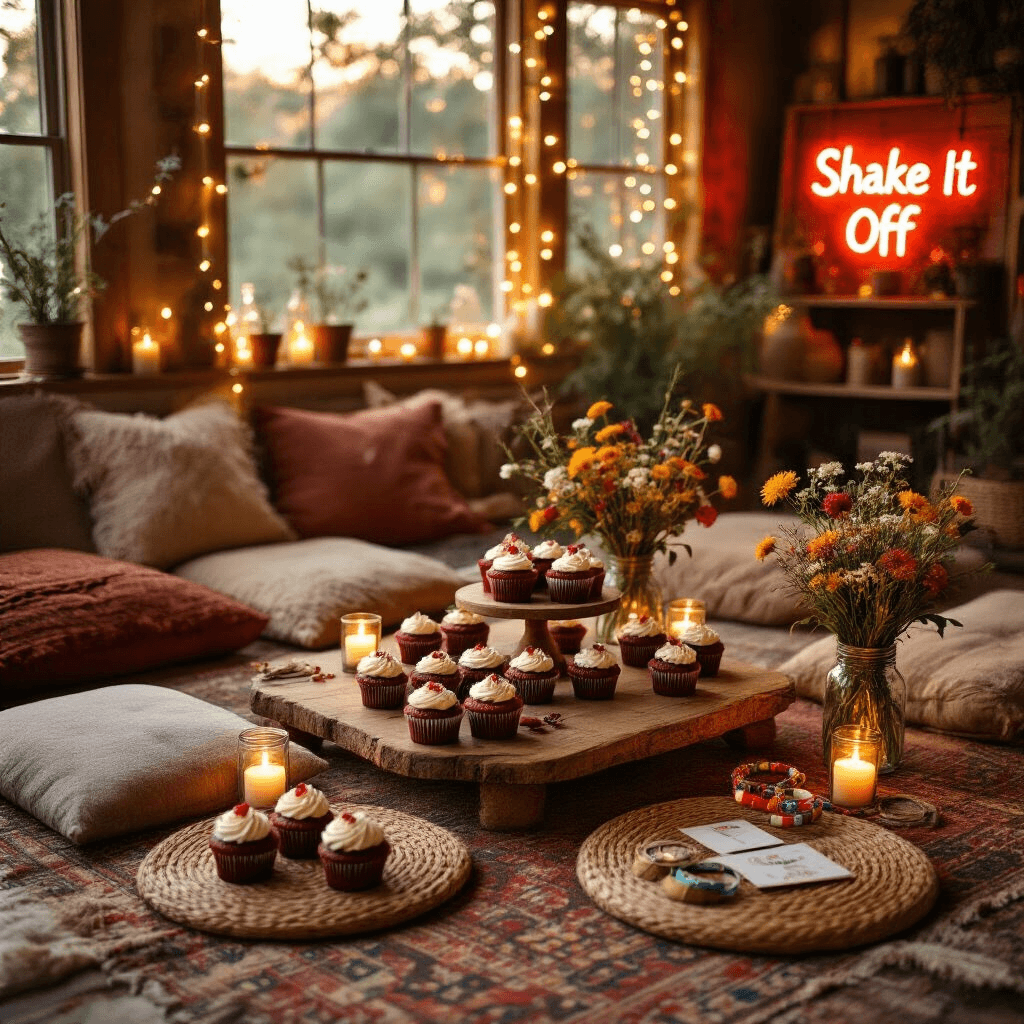 Epic Taylor Swift Birthday Party: The Ultimate Swiftie Celebration Guide An overhead view of a cozy living room set for an intimate folklore-inspired celebration, featuring a low table surrounded by earthy-toned floor cushions. Rustic wooden cake stands display Red Velvet cupcakes, while candlelit mason jars with wildflowers add warmth. A Polaroid photo station in the corner showcases a backdrop of fairy lights and a 'Shake It Off' neon sign, alongside supplies for friendship bracelet making organized on woven placemats.