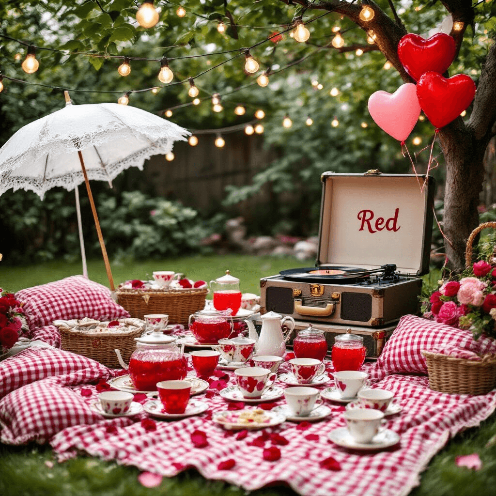 Epic Taylor Swift Birthday Party: The Ultimate Swiftie Celebration Guide A charming picnic setup featuring red gingham blankets, white lace parasols, and a vintage record player surrounded by rose petals. String lights illuminate mismatched teacups filled with ruby-red punch, while a 'Red' lyric photo booth with heart-shaped balloons and handmade friendship bracelets hanging from tree branches complete the whimsical backyard celebration.