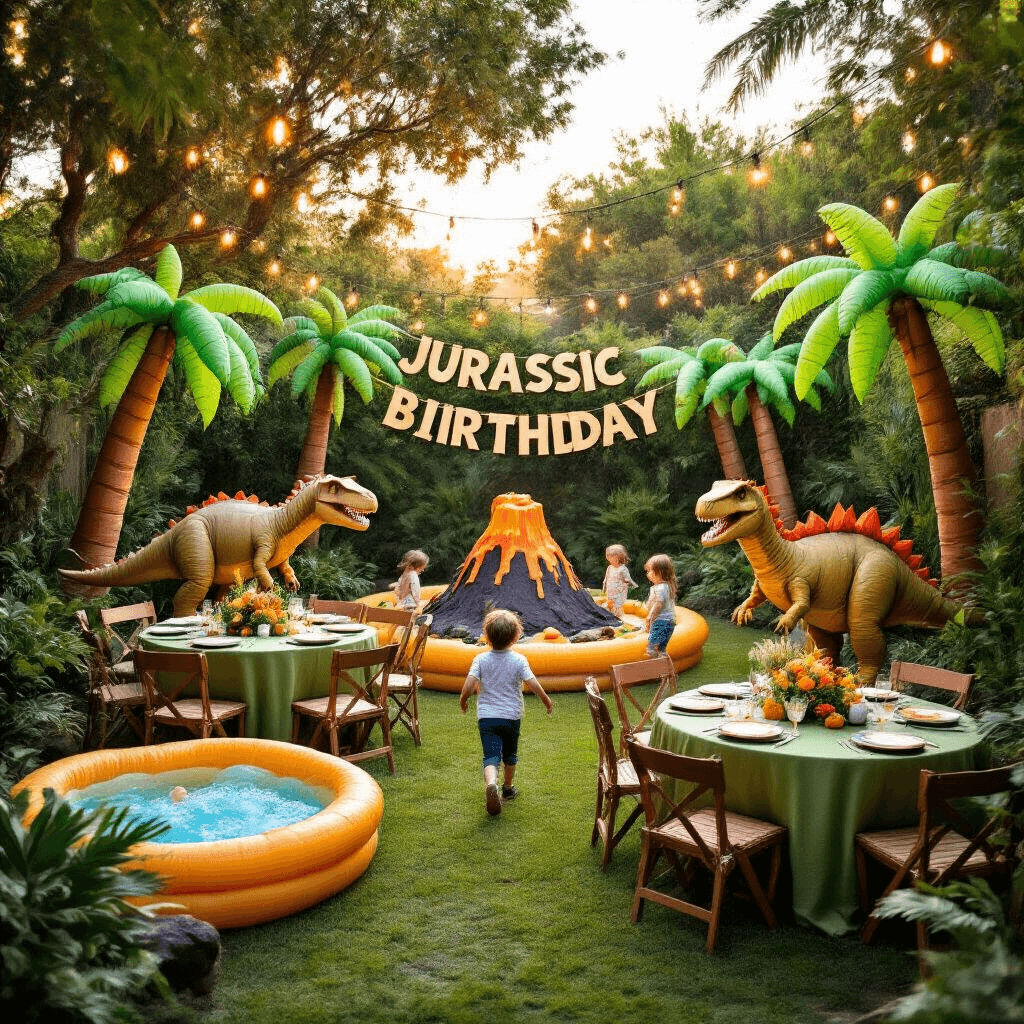The Ultimate Guide to Throwing an Unforgettable Kids Birthday Party A colorful backyard dinosaur-themed birthday party at sunset, featuring oversized cardboard dinosaurs, tropical plants, and a volcano cake centerpiece. Children play in inflatable palm trees and a kiddie pool, with round tables draped in green linens and prehistoric centerpieces. Fairy lights illuminate the scene, complemented by a hand-painted 'Jurassic Birthday' banner.