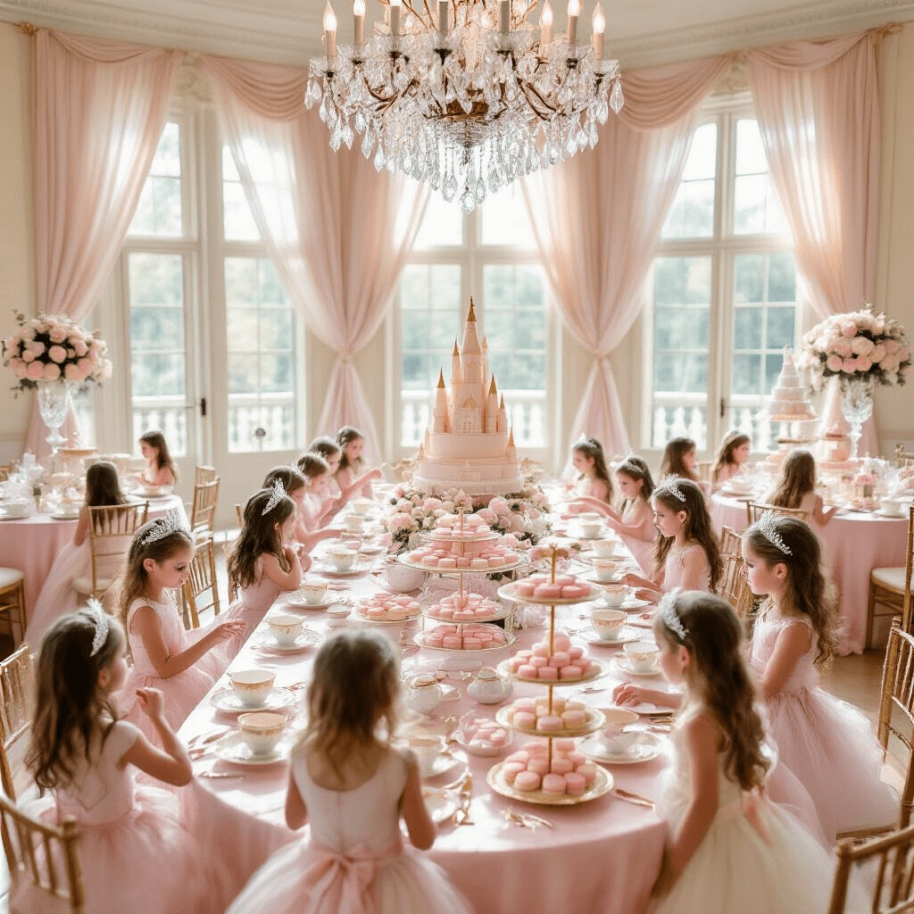 The Ultimate Guide to Throwing an Unforgettable Kids Birthday Party An elegant indoor ballroom tea party featuring long tables with blush pink silk tablecloths, gold-rimmed teacups, and tiered stands of pastel macarons. Delicate flower arrangements in crystal vases, tulle draperies, and young guests in tiaras and gowns dancing beneath a crystal chandelier, alongside a dessert cart with a towering castle cake. The color scheme is a dreamy blend of blush, ivory, and gold.