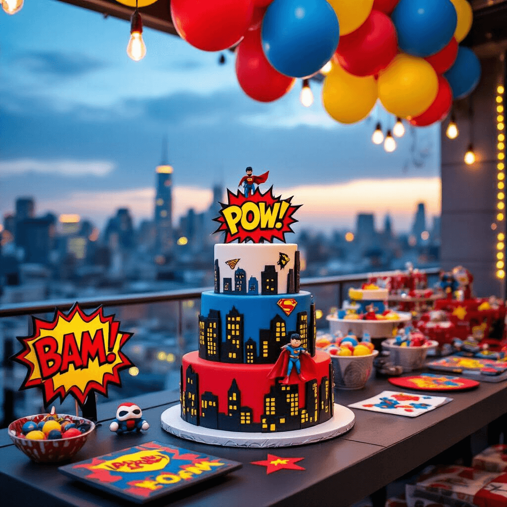 The Ultimate Guide to Throwing an Unforgettable Kids Birthday Party A vibrant superhero-themed dessert table on a modern rooftop terrace at dusk, featuring a multi-tiered cake with fondant cityscapes, comic book-style decorations, colorful balloons, and activity stations for kids.