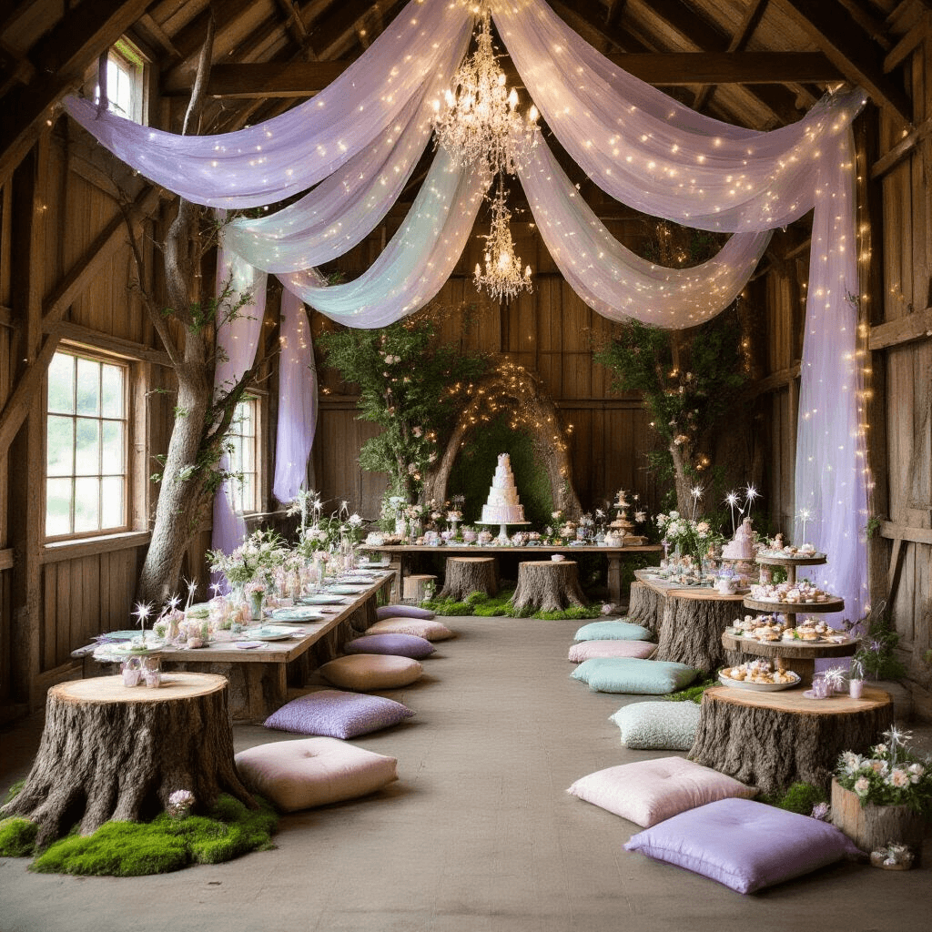 The Ultimate Guide to Throwing an Unforgettable Kids Birthday Party An enchanting woodland fairy party in a rustic barn, featuring DIY tree stumps and moss decor, low tables with floor cushions set for a magical feast, flower crowns and sparkly wands at each setting, a dessert table with a 'fairy garden' cake, and sheer iridescent fabric draping from the ceiling in soft lavender, mint green, and shimmering silver tones.