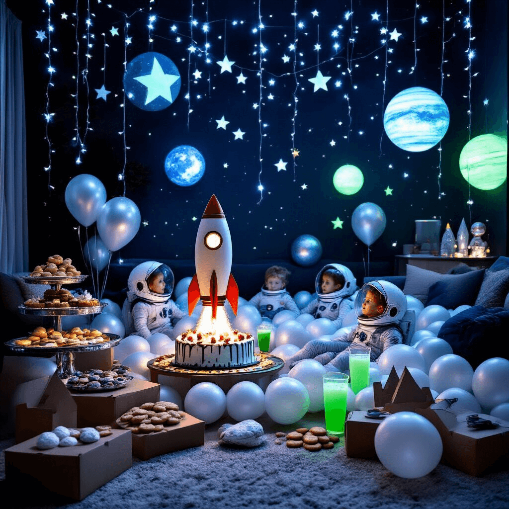 The Ultimate Guide to Throwing an Unforgettable Kids Birthday Party A cozy living room transformed into a space-themed adventure party, featuring twinkling star lights, glow-in-the-dark planet decorations, and a snack station with astronomical treats. Kids float among silver and white balloons, with a centerpiece rocket ship cake surrounded by 'moon rock' cookies and 'alien slime' punch, all under a deep navy and silver color palette with neon green accents.