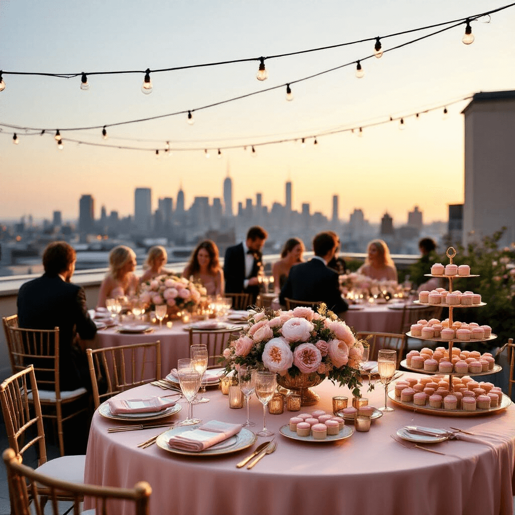 Create Unforgettable Birthday Invitations: Your Ultimate Guide to Stunning Party Invites A beautifully decorated rooftop terrace at sunset, featuring round tables with blush pink silk linens, floral centerpieces, gold rimmed glassware, and a dessert cart with macarons and cupcakes, while guests enjoy champagne and a string quartet plays in the background, with a city skyline silhouetted against the evening sky.