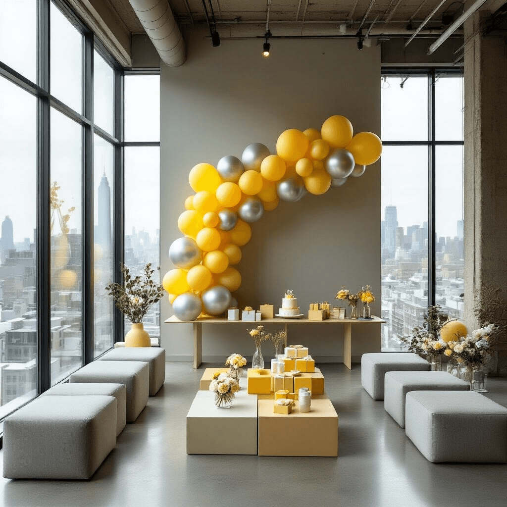 Create Unforgettable Birthday Invitations: Your Ultimate Guide to Stunning Party Invites A modern baby shower in a sleek urban loft with floor-to-ceiling windows, featuring soft gray and muted yellow decor, modular seating, a geometric coffee table with bud vases, an asymmetrical yellow and silver balloon installation, a gift table with coordinated presents, and a minimalist cake centerpiece, as guests enjoy mimosas while admiring the cityscape.