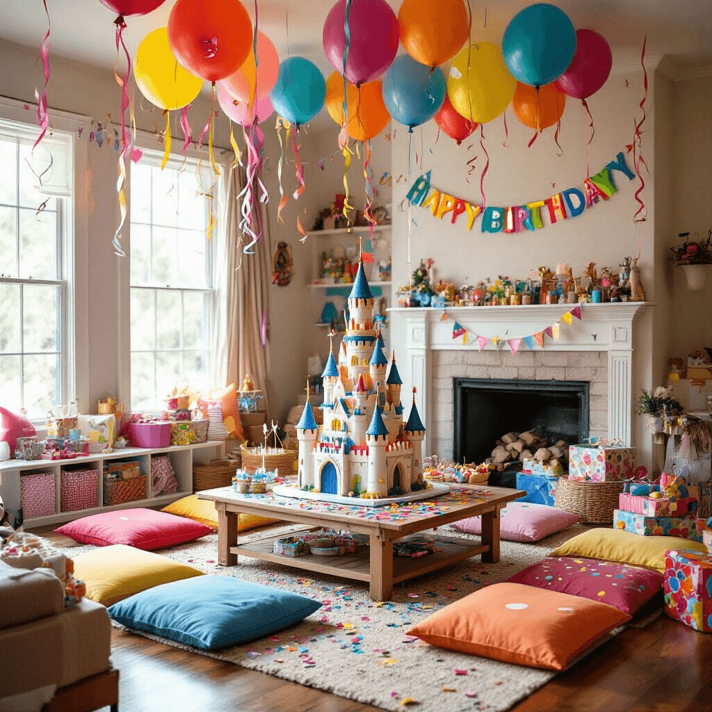 Create Unforgettable Birthday Invitations: Your Ultimate Guide to Stunning Party Invites A vibrant children's birthday party in a cozy living room, featuring colorful streamers, oversized confetti balloons, a castle-shaped cake, a DIY craft station for magical wands, playful bunting saying 'Happy Birthday', and a pile of wrapped presents.