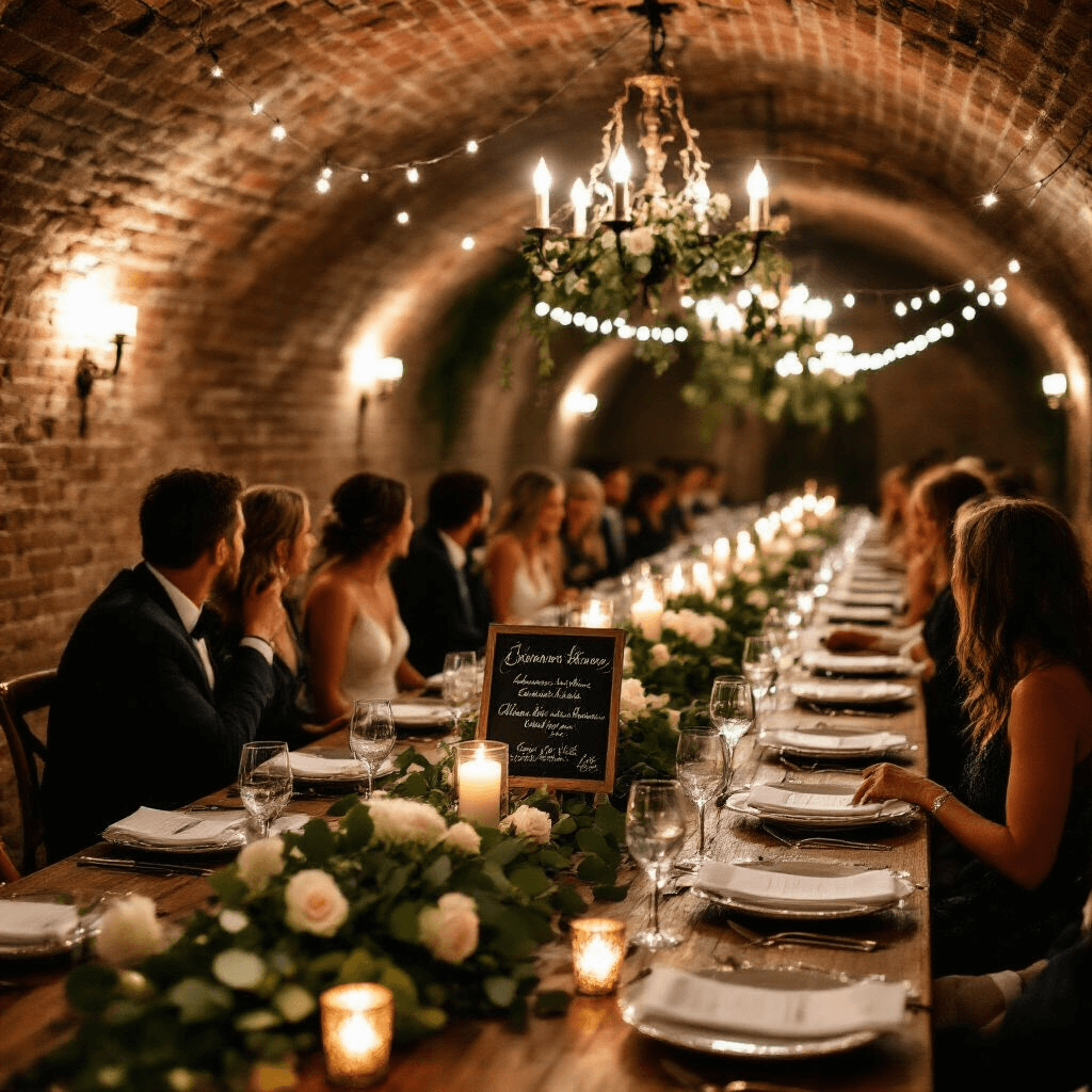 Create Unforgettable Birthday Invitations: Your Ultimate Guide to Stunning Party Invites An intimate wedding anniversary dinner in a candlelit wine cellar with long wooden tables dressed in white linens, vintage silver cutlery, and crystal stemware, adorned with eucalyptus and white roses, mercury glass votives, and chalkboard menus, all under string lights and an antique chandelier.