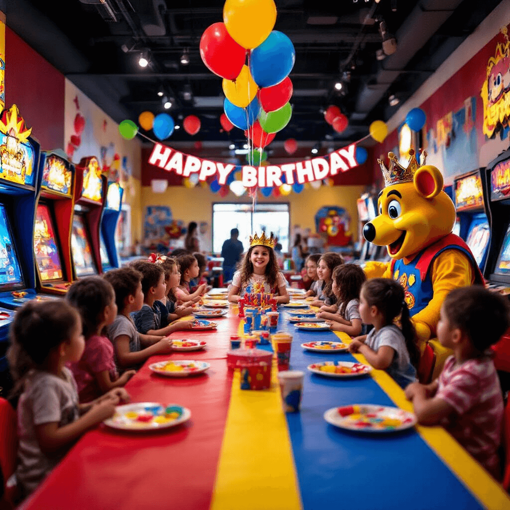 The Ultimate Guide to a Memorable Chuck E. Cheese Birthday Party: Everything You Need to Know A vibrant Chuck E. Cheese birthday party scene with excited children, colorful arcade games, and a decorated table featuring the birthday child in a crown, surrounded by friends and a Chuck E. Cheese mascot. Balloons and a 'Happy Birthday' banner add to the festive atmosphere.