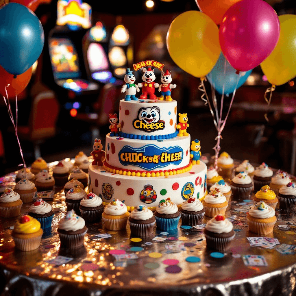 The Ultimate Guide to a Memorable Chuck E. Cheese Birthday Party: Everything You Need to Know A close-up of a Chuck E. Cheese birthday cake table featuring a tiered cake with the Chuck E. Cheese logo and character figurines, surrounded by colorful arcade game icon cupcakes, on a shimmering metallic tablecloth with confetti and ticket stubs, neon helium balloons, and warm lighting from arcade games.