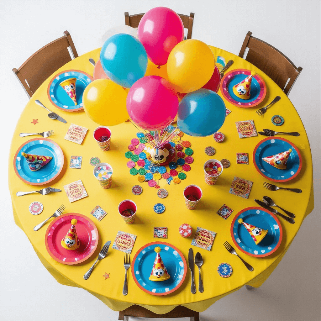 The Ultimate Guide to a Memorable Chuck E. Cheese Birthday Party: Everything You Need to Know An overhead flat lay of a colorful Chuck E. Cheese party table setting, featuring vibrant character-themed tablecloth, playful place settings with plates, cups, party hats, a bouquet of helium balloons, and scattered game tokens, ticket stubs, and figurines, all under soft, diffused lighting.