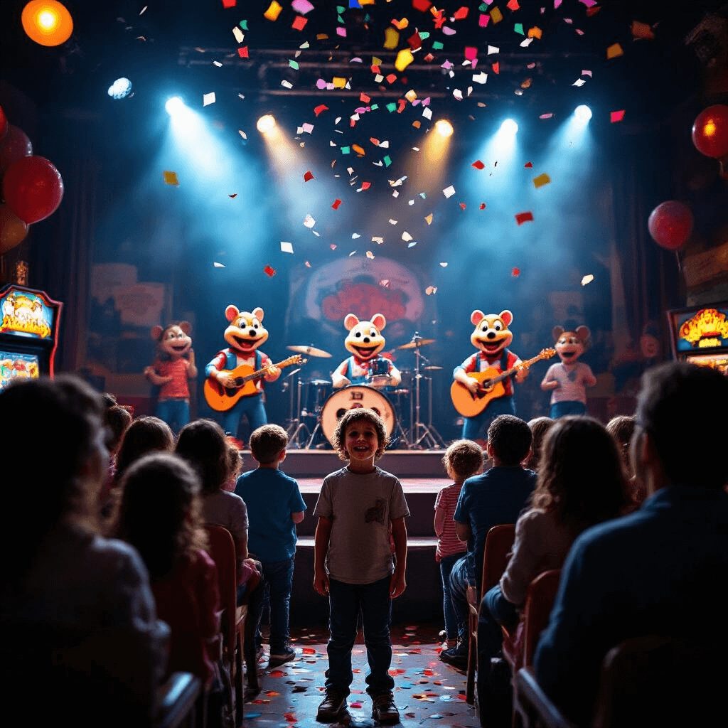 The Ultimate Guide to a Memorable Chuck E. Cheese Birthday Party: Everything You Need to Know A vibrant scene at a Chuck E. Cheese birthday party, featuring the animatronic band performing under dramatic spotlights, while excited children and parents watch. The birthday child smiles brightly in the foreground as colorful confetti falls, with arcade games and party decorations softly blurred in the background.