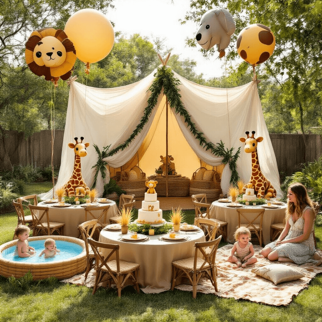 Unforgettable First Birthday Party Ideas for Boys: A Parent's Ultimate Guide A whimsical 'Wild One Safari Adventure' first birthday party in a sunlit backyard, featuring a grand safari tent draped in ivory fabric, khaki-dressed tables with stuffed animal centerpieces, oversized animal-print balloons, a dessert table with a tiered cake, and children playing in a kiddie pool as parents relax on picnic blankets, all bathed in warm golden hour light.