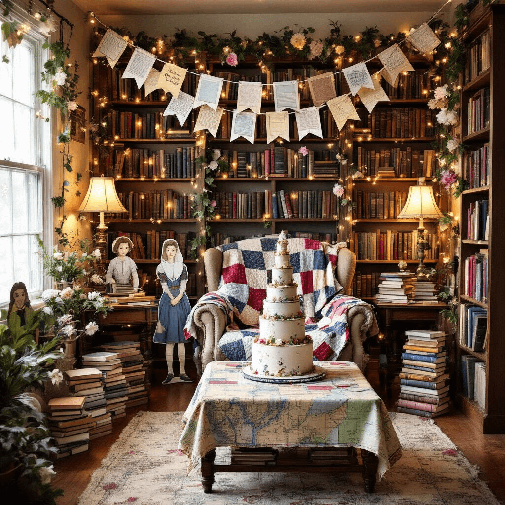 Unforgettable First Birthday Party Ideas for Boys: A Parent's Ultimate Guide A cozy living room transformed into a 'Storybook Wonderland' with bookshelves, fairy lights, cascading paper flowers, a plush reading nook, a cake resembling classic novels, character cutouts, and book page bunting, all bathed in soft, warm lighting.
