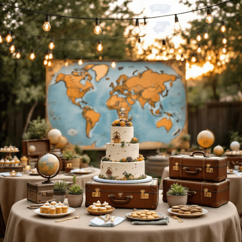 Michael's Epic Birthday Bash: A Comprehensive Party Planning Guide A whimsical Adventure Explorer-themed birthday party in a spacious backyard at golden hour, featuring a hand-painted world map backdrop, a vintage suitcase dessert table, round tables with miniature hot air balloon centerpieces, warm Edison bulb lighting, and a tiered cake resembling stacked luggage.