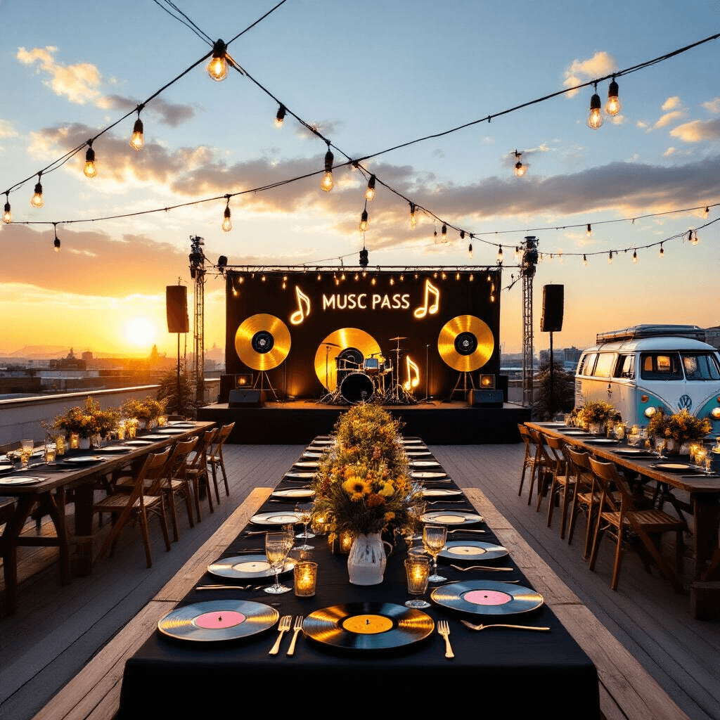 Michael's Epic Birthday Bash: A Comprehensive Party Planning Guide An elegant rooftop terrace set for a Music Festival-themed celebration at sunset, featuring a stage with oversized gold records, neon music notes, long farmhouse tables with black linens and gold cutlery, vinyl records as vases with wildflowers, fairy lights, lanterns, a vintage VW van bar, a 'backstage pass' photo area, and a DJ booth.