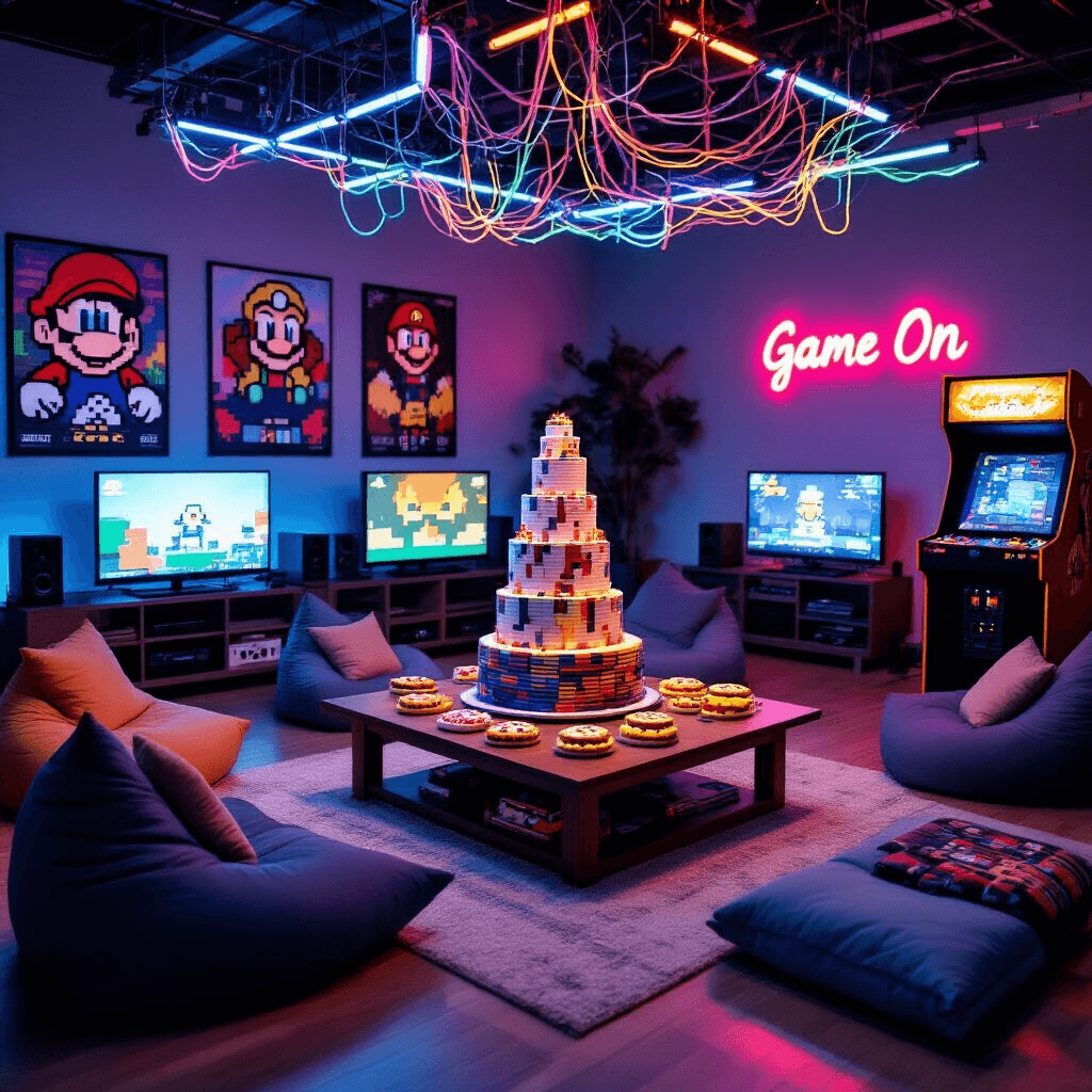 Michael's Epic Birthday Bash: A Comprehensive Party Planning Guide A cozy living room set up for a Gaming Universe party features soft lighting from gaming consoles and RGB LED strips, a coffee table with a cake shaped like video game cartridges, pixel art cookies, and game controller sandwiches. Comfortable seating is arranged with bean bags, while walls display posters of iconic game characters and a neon 'Game On' sign. A DIY arcade cabinet is in the corner, with a colorful wire and circuit board installation overhead.