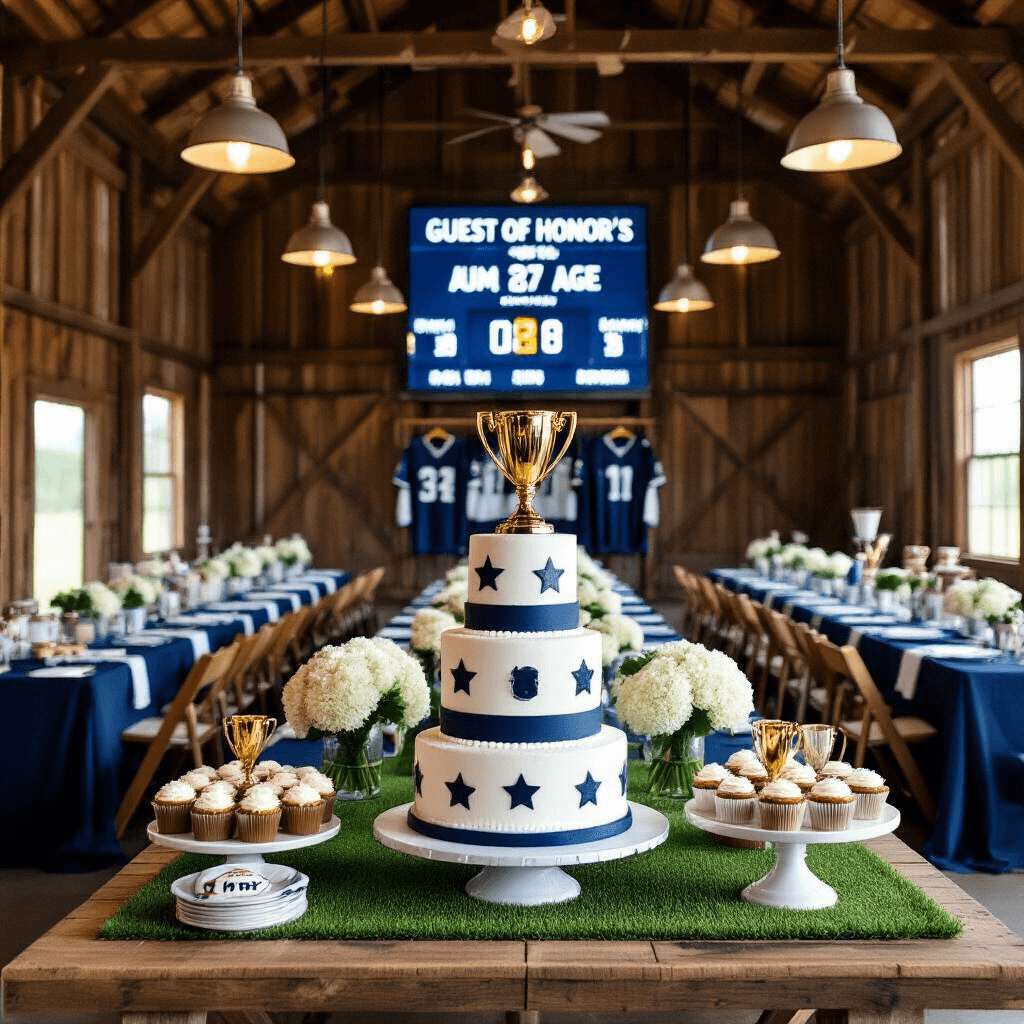 Michael's Epic Birthday Bash: A Comprehensive Party Planning Guide Interior of a rustic barn decorated for a Sports Championship celebration, featuring long tables with navy and white linens, miniature trophy cup centerpieces with white hydrangeas, custom scoreboard displaying the guest of honor's name and age, pendant lights made from sports equipment, a 'locker room' photo booth with jerseys and memorabilia, and a dessert table with a multi-tiered sports ball cake surrounded by themed cupcakes and cookies on AstroTurf.