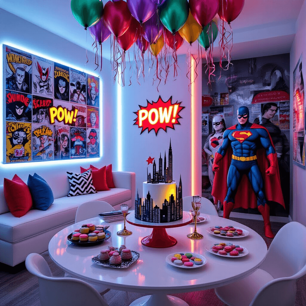 Michael's Epic Birthday Bash: A Comprehensive Party Planning Guide A modern apartment decorated for a Superhero Extravaganza, featuring dramatic LED lighting, a comic book collage wall, sleek white furniture with colorful accents, a dessert table with a skyline cake, themed treats, metallic decorations, life-sized superhero cutouts, and a 'transform into a hero' station with masks and capes.